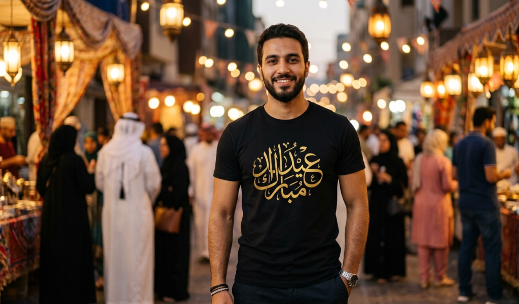 Eid Mubarak Arabic Calligraphy T-Shirt